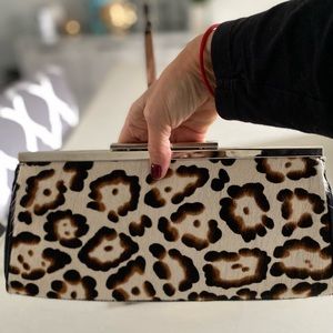 NORDSTROM brand Calf Skin Leopard Pony hair clutch black patent leather bag